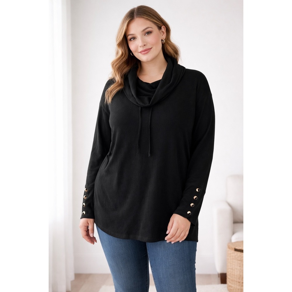 Lety & Me Womens Black Cowl Neck Sweater Grommet‎ Cuff Detail Size 2X